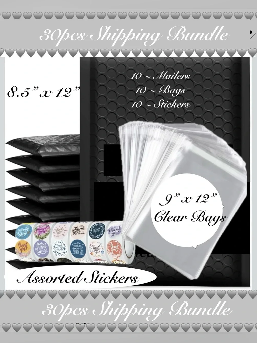 30pcs Shipping Bundle ⭐️10 - Bubble Mailers ⭐️10- TY-Sticker ⭐️10- Clear Bags